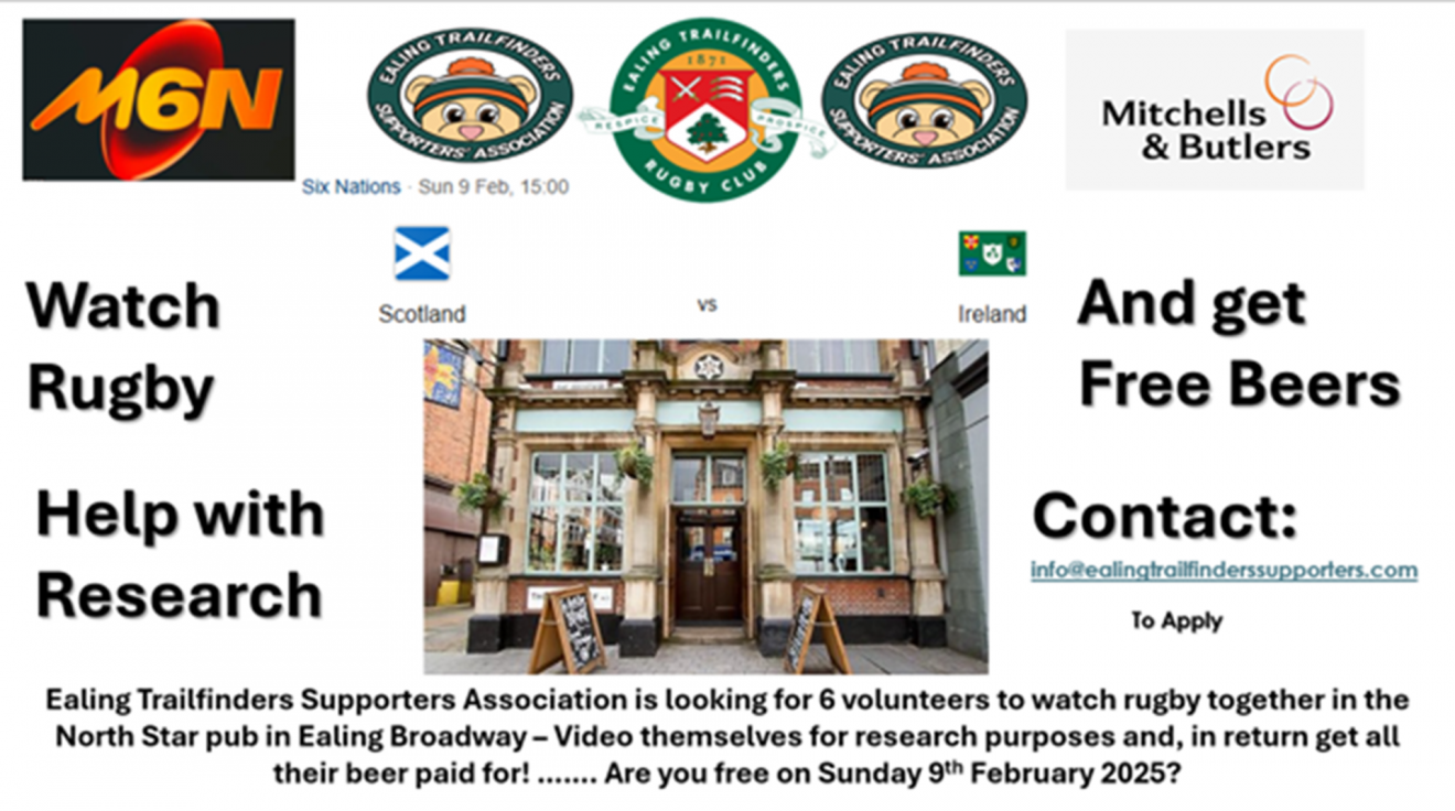 Six Volunteers Needed To Watch Rugby on Sunday 9th Feb